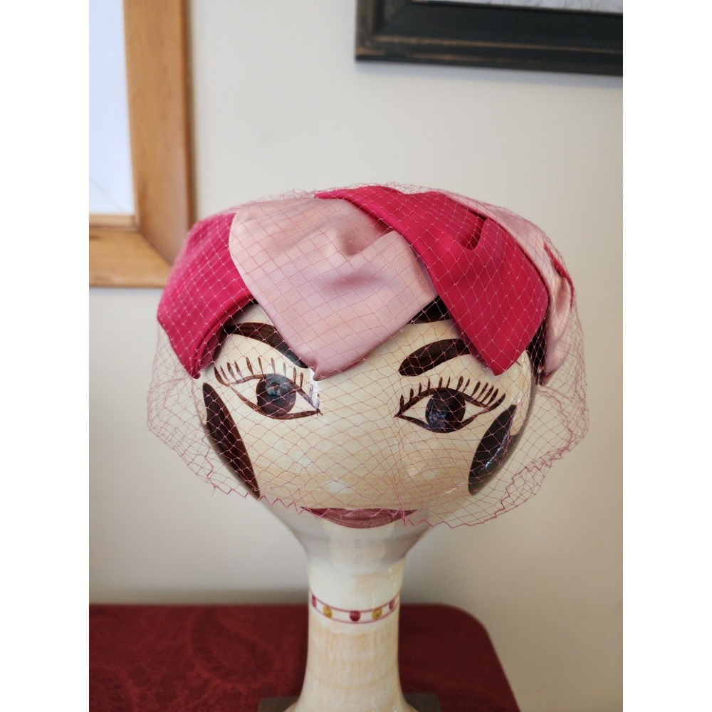 Vintage Womens Hat Pasadena Pink Fascinator Birdcage Cocktail Satin Pillbox 50s